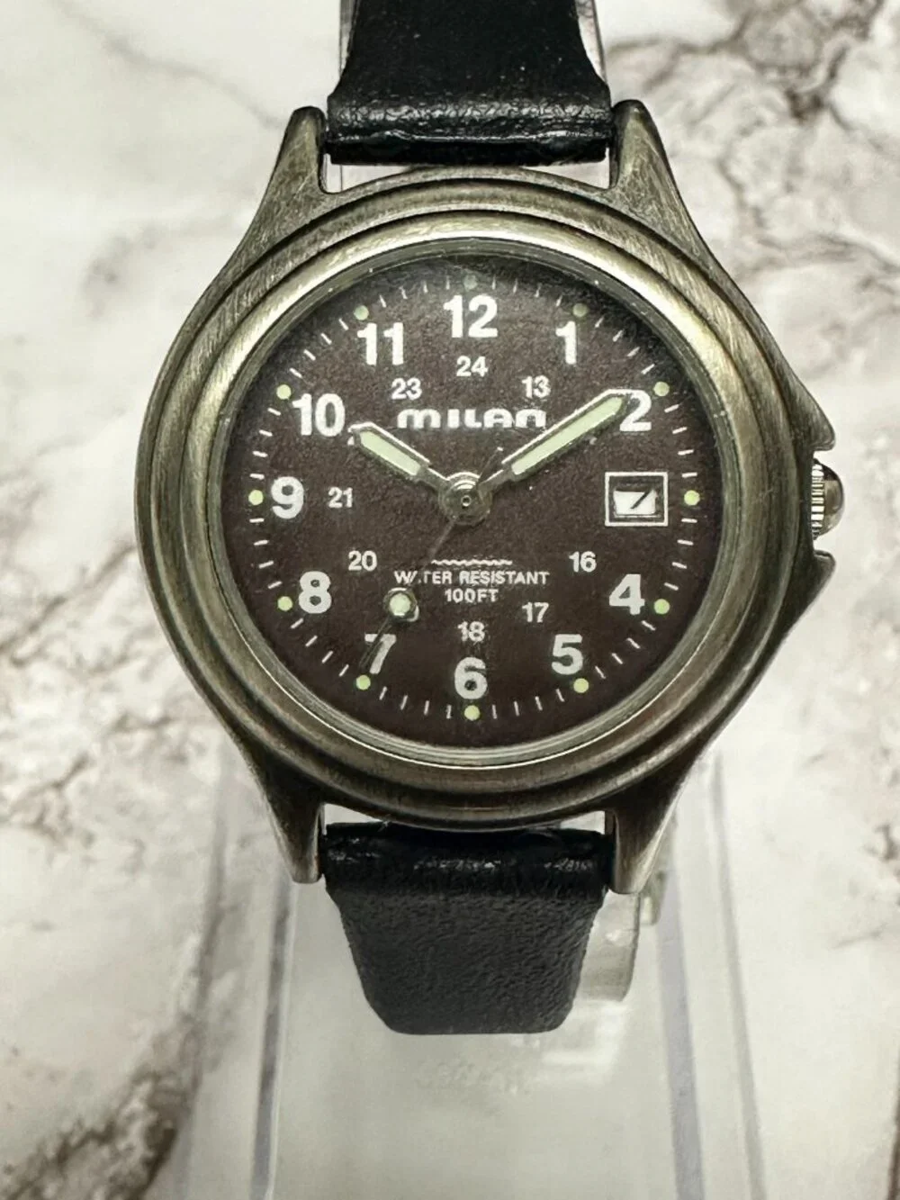 3/$30 Milan Watch Women Silver Tone Brown Dial Date Window New Battery 8